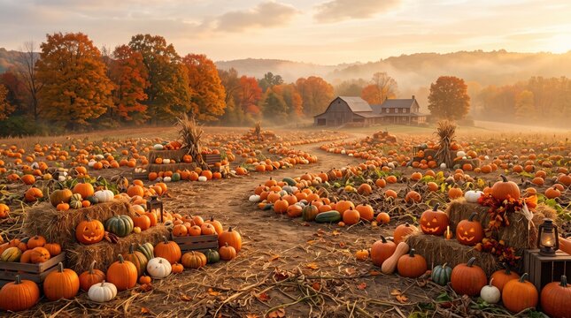 Autumn pumpkin patch field rural landscape farm sunset warm fall halloween season background