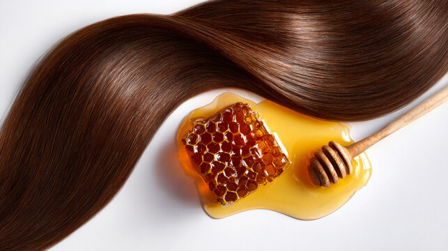 A person spreads liquid honey next to honeycomb on a white surface, showcasing shiny long hair and creating a clean look with space for text