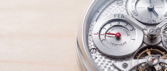 Naklejka premium Close up of leap year indicator dial on luxury wristwatch with month cycle calendar and intricate metal silver dial background.