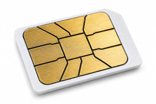Detailed gold SIM card chip with metallic contact pads isolated on white, representing mobile communication, cellular networks, telecommunications and digital connectivity