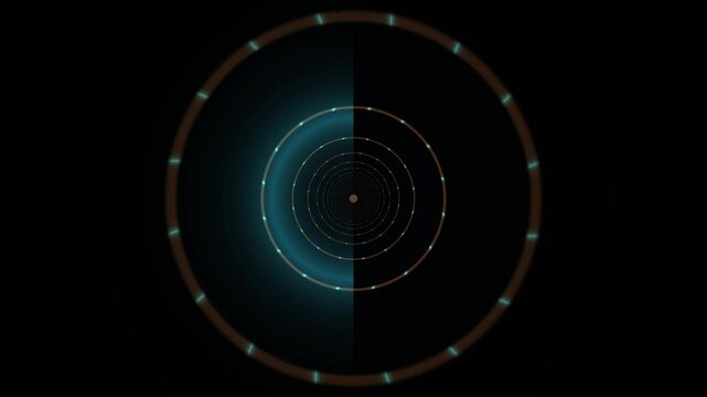 Futuristic wireframe tunnel loading indicator formed by concentric glowing rings receding into a dark center, with teal and amber highlights creating a technological mood