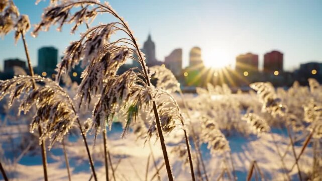 Frosted reeds with city skyline in background during winter morning