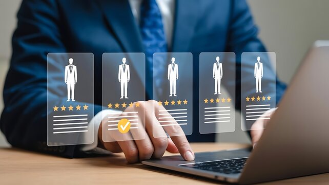 Businessman selecting top candidates using human resources management system and digital interface on laptop