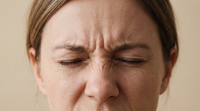 Close up of woman squinching face with deep forehead wrinkles and glabellar lines
