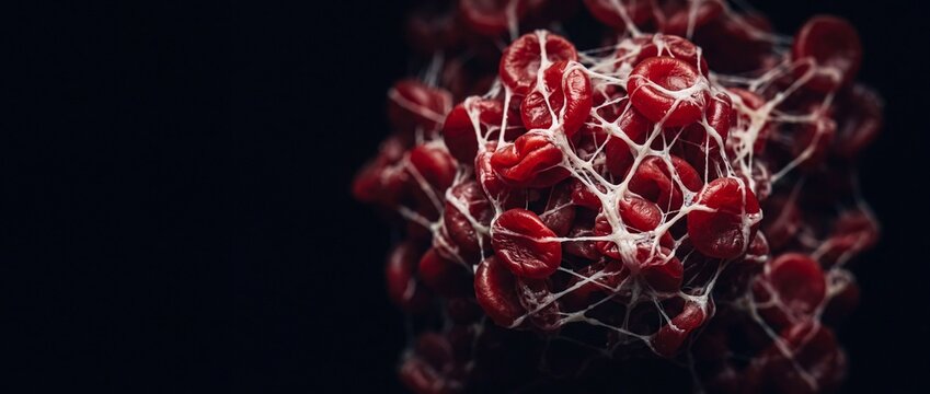 Red blood cells trapped in fibrin mesh clot formation for cardiovascular disease research and diagnostic medical visualization.