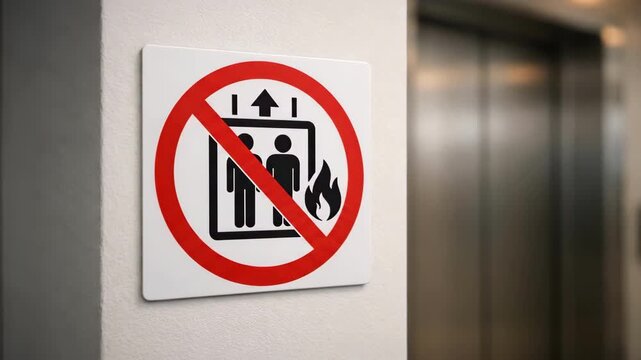 Red prohibition sign on white wall forbidding elevator use in case of fire, blurred metal elevator doors in the background, shallow depth of field, safety concept