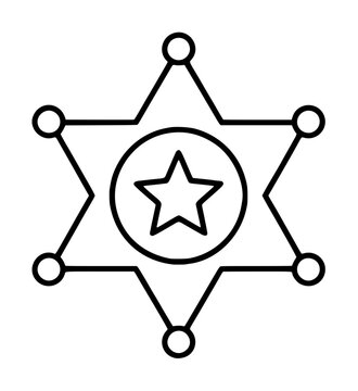 Minimalist black and white vector icon of a six-pointed sheriff badge with a central star emblem, perfect for law enforcement, security, and justice-themed graphic design projects and web
