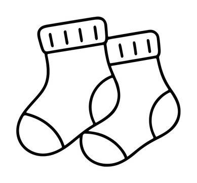 Minimalist vector icon of a pair of cute baby socks or booties, perfect for newborn apparel design, nursery decor, parenting blogs, and infant clothing branding, clean black line art illustration.