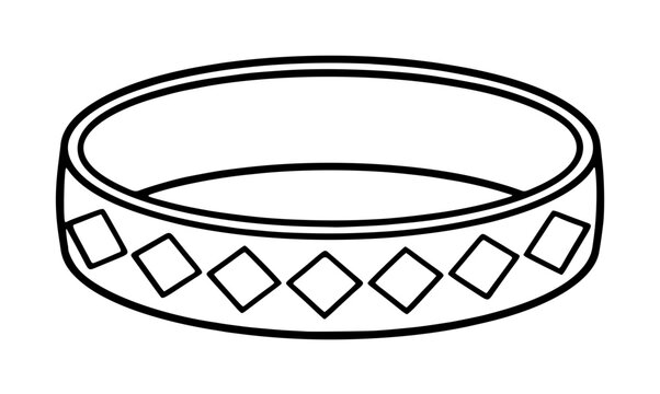 Minimalist black and white vector icon illustration of a stylish bangle bracelet featuring a repeating geometric diamond pattern around the exterior band for fashion and jewelry design projects.