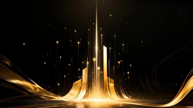 Golden Abstract Building with Light Streaks and Particles on Black Background - Elegant Luxury Design