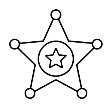 Professional minimalist black and white vector icon illustration of a sheriff or bailiff star badge with circular tips and a central star emblem, representing law enforcement, justice, and authority.
