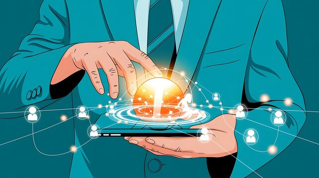 Innovative business professional using a futuristic tablet to connect to a global network of people and opportunities