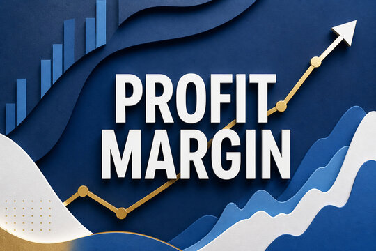Blue paper cut style business graphic featuring profit margin text, rising bar chart, gold trend line, and upward arrow.