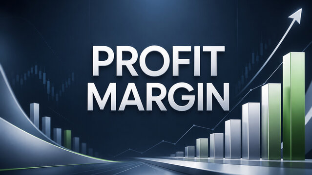 Modern financial growth concept with profit margin text, rising bar chart, line graph, and upward arrow on a dark blue background.