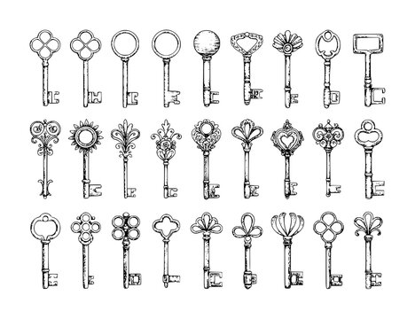 A collection of various vintage skeleton keys with intricate ornate illustrated in black and white style