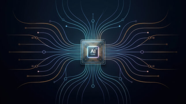 Minimalist artificial intelligence chip with thin glowing circuit lines and wide copy space