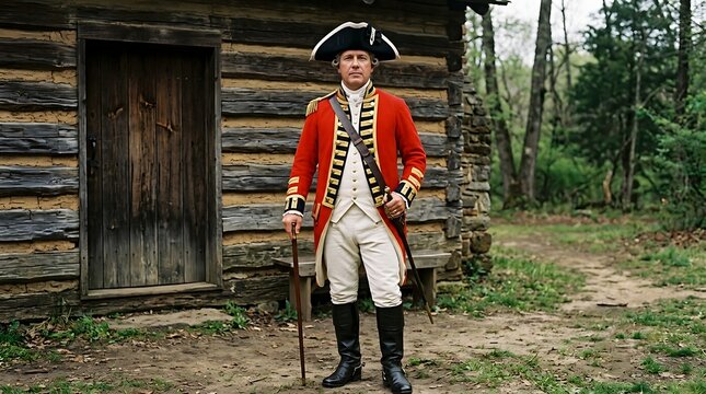 Military officer standing before a historic log cabin in traditional redcoat colonial uniform