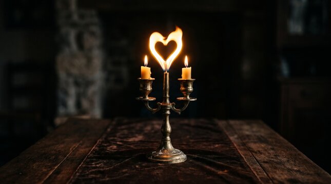 Candlelit heart shape flame above candelabra on wooden table  