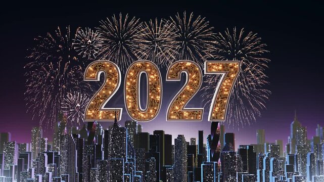 Luxury 2027 typography dominates a glowing metropolitan skyline under golden fireworks. Perfect for New Year broadcasts, city events, corporate greetings, countdown screens and celebration promotions.