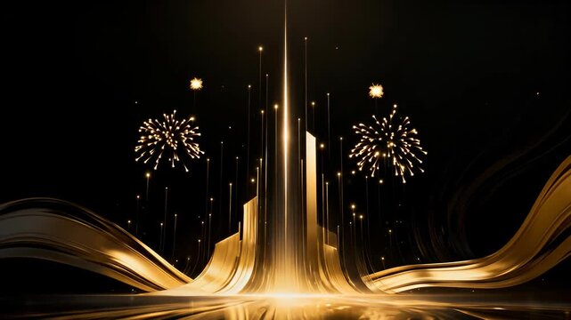 Abstract golden awards background with rising light beams, wavy gold ribbons, and festive celebration fireworks on black backdrop