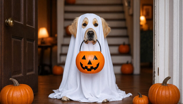 A cute golden retriever dog dressed as a ghost holding a plastic pumpkin bucket for halloween trick or treat