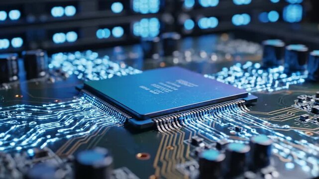 Computer processor activates with glowing data streams on a circuit board video cpu central