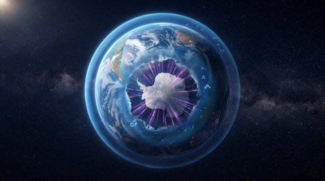 Scientific ozone layer depletion concept with ultraviolet rays passing through a weakened atmospheric area surrounding planet Earth.