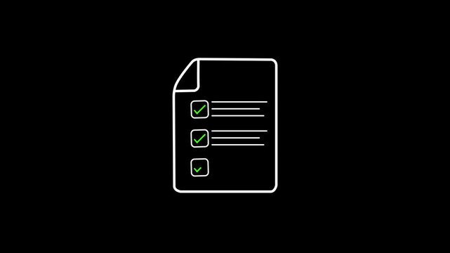 Approved document report. Suitable for business, finance, and office content.  A white document icon with an animated text line is displayed on a black background. 