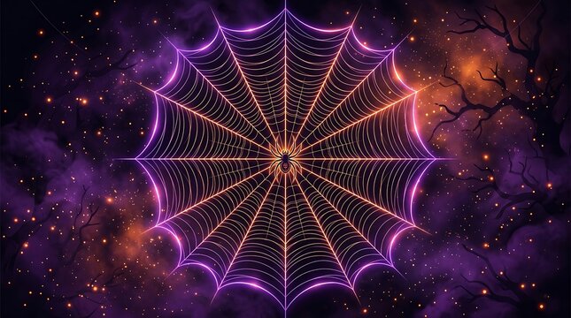 Glowing neon spider web with mystical purple background with displays radiant spider purple edges against dark cosmic backdrop illustration with enchantment