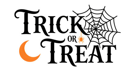 Halloween trick or treat spider web sign with glowing crescent moon and bold typography design © MD ACHADUL ISLAM