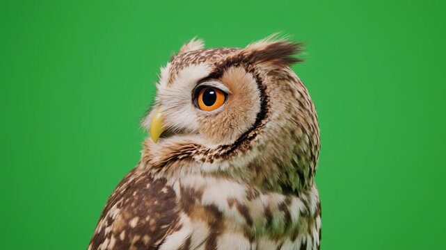 Long eared owl turning head with green screen background cinematic motion