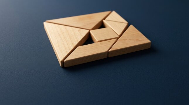 Wooden Tangram Puzzle Pieces Arranged on Dark Surface
