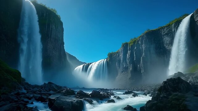 Majestic waterfall cascades down rocky cliffs under a clear blue sky with cinematic motion
