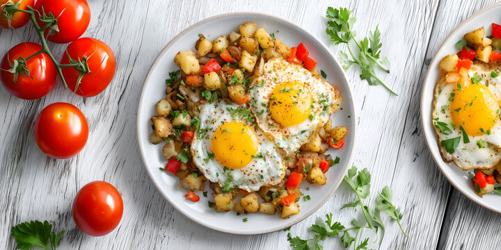 Creative food template. Plate of hash, with diced meat, potatoes vegetable pepper tomato onion topped with fried egg on white wooden table. Copy text space. Long banner. Overhead top flat lay view