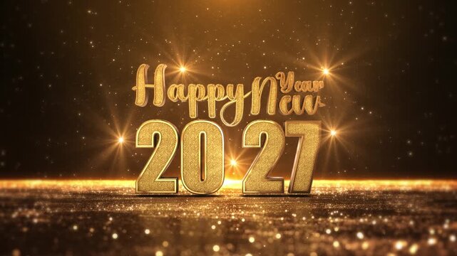 Large gold 3D 2027 numbers and sparkling greeting text illuminate a premium stage. Perfect for midnight parties, holiday announcements, award events, seasonal promotions and elegant celebration video.