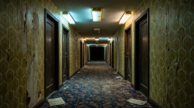 Eerie abandoned hotel hallway with peeling wallpaper and dim lights.