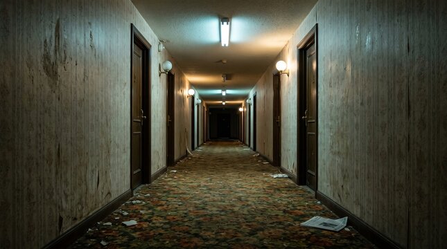Dimly lit creepy hallway with closed doors in an abandoned hotel