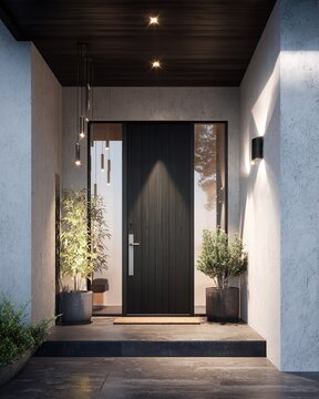Modern house entrance with black door and warm designer lighting