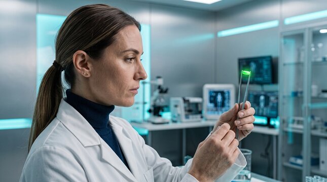 Female scientist examining glowing capsule in modern high-tech laboratory.