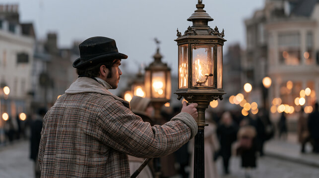 Lamplighter figure in period costume at twilight blue hour cobblestone street, over the shoulder view of long pole touching flame to ornate gas fixture, warm glow spreading across