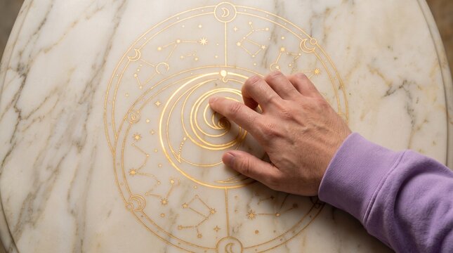 Hand touching golden zodiac chart on white marble table surface