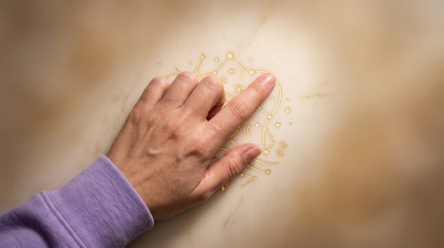 Hand touching golden zodiac signs on marble surface