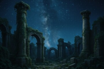 Fototapeta premium Ancient ruins under starry sky background