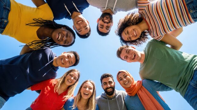 Diverse group of happy young friends embracing outdoors