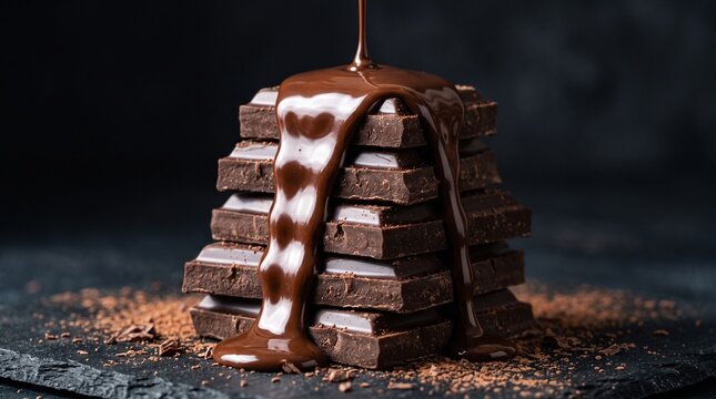 Chocolate syrup pouring down over a neat stack of dark chocolate blocks on a dark textured board.