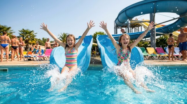 Two girls sliding down water slides at pool splashing