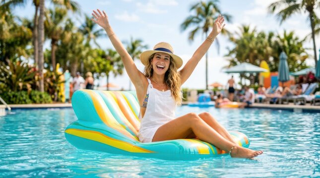 Woman on inflatable float in resort pool arms raised