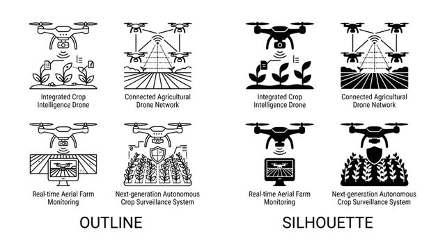 Agricultural Drone Technology Icons: A set of outline and silhouette icons illustrating advanced agricultural drone applications, including crop intelligence, networked farming.