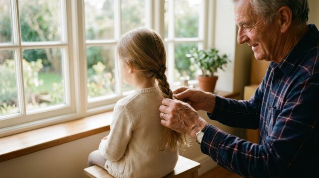 Grandfather Braids Granddaughters Hair Gently by Window