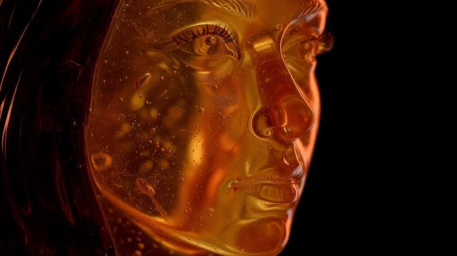 woman face golden liquid skincare beauty serum luxury cosmetic glowing She turns from profile toward the viewer as warm fluid and bubbles shimmer across calm skin for premium beauty campaigns